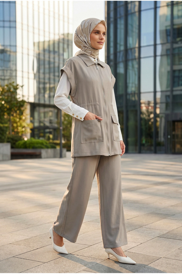 Double Suit with Full Zipper Pockets and Drawstring Waist Pants Gray 26Yt6127