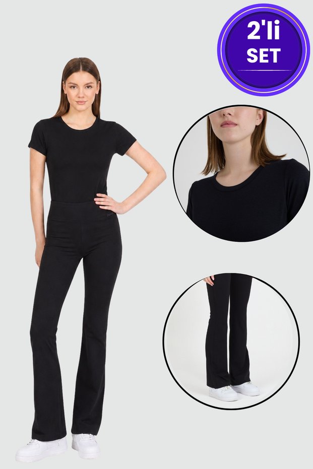 Fiona and Becky |   High Waist Bamboo Spanish Flare Black Leggings & Crew Neck T-Shirt