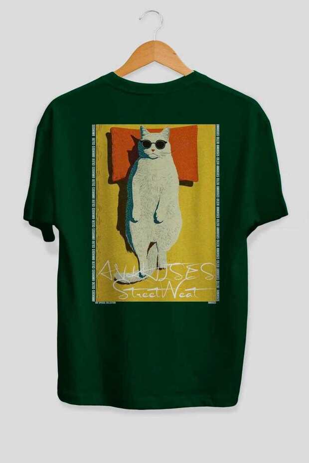 For the Love of Cats 117 Cat Printed Green Oversize T-Shirt 100% Cotton Unisex Cat Lover Premium Design