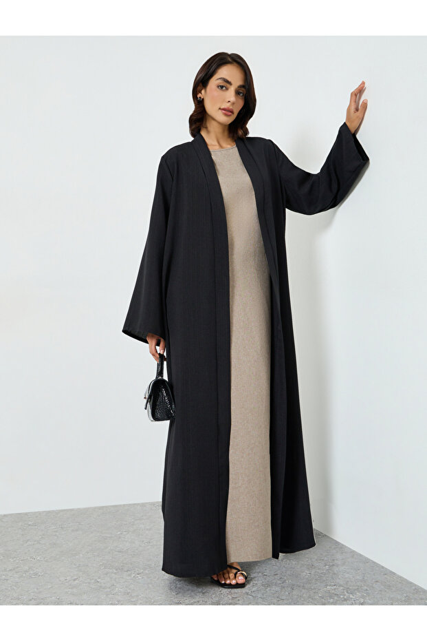 Black Front Open Flared Solid Abaya - 1