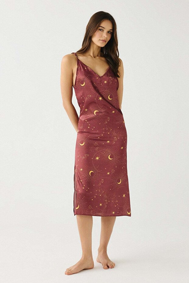 Luna Touch Slit Detailed Satin Nightgown Tile