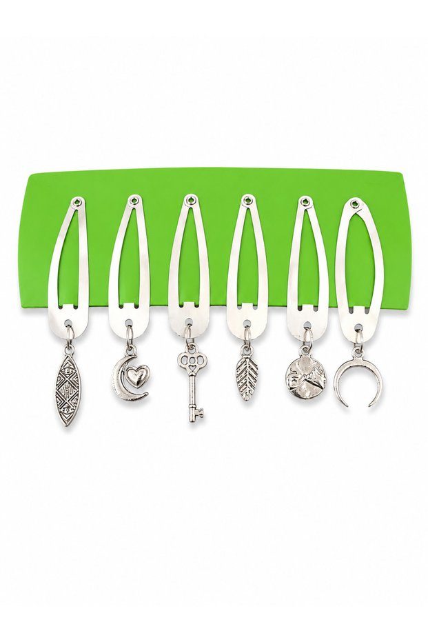 Set of 6 Charm Detailed Metal Snap Clips Silver Color Y2K Hair Accessory