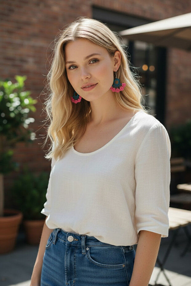 Hand Knitted Ethnic Earrings with Flowers