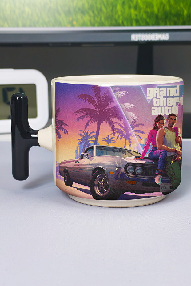 كوب سيراميك فاخر مطبوع عليه GTA 6 (قطعة واحدة) بمقبض أسود خاص على شكل حرف T V5T
