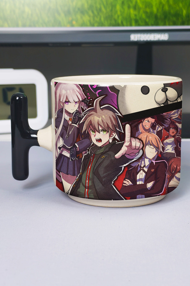 كوب سيراميك فاخر مطبوع عليه Danganronpa (قطعة واحدة) بمقبض أسود خاص على شكل حرف T V3T