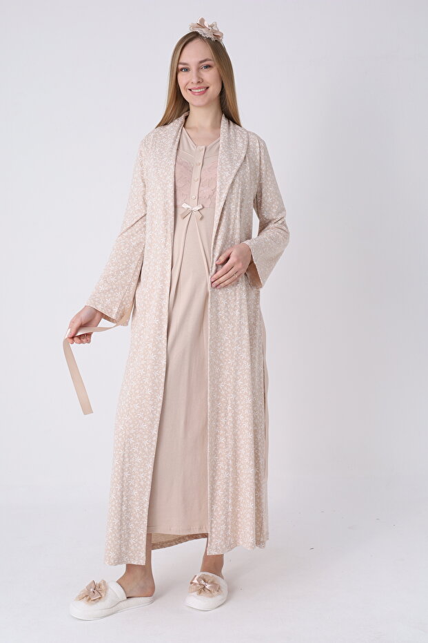 New Season Mink Shawl Collar Short Sleeve Patterned Design Summer Buttoned Full Length Maternity Pajamas Nightgown Set of 2