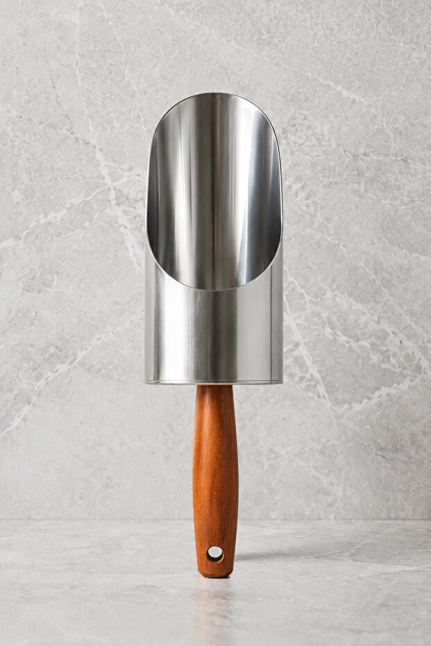 Wooden Handle Food Shovel with Wide Chamber - Both Decorative and Practical Wide Chamber - Stainless Steel