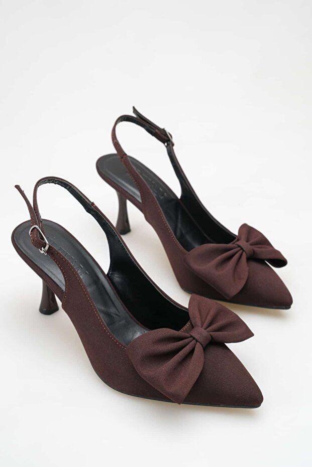 Women's Bow Detailed Brown Fabric Heeled Shoes