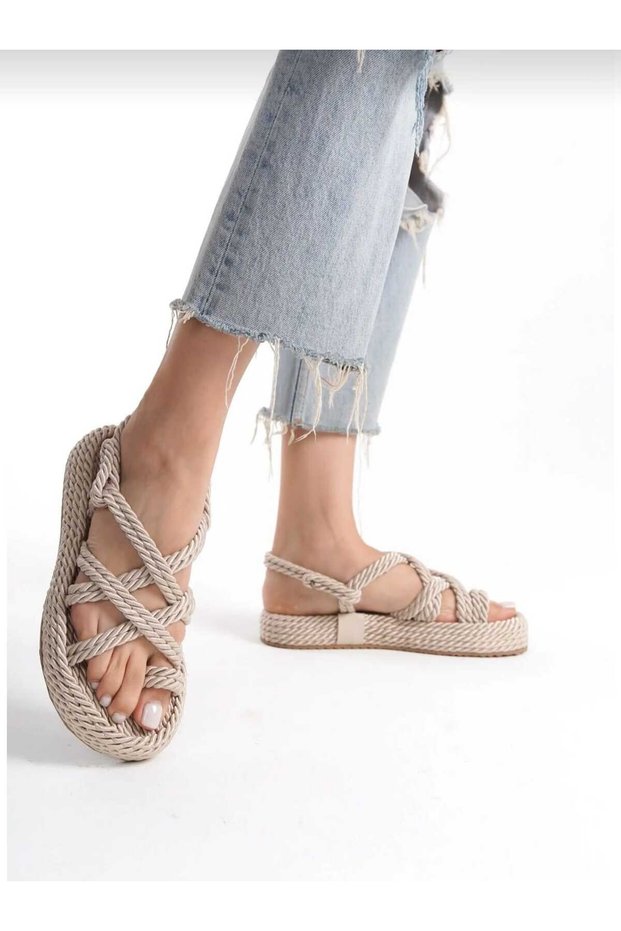 Women's Beige Rope Sandals Straw Knitted Sole Summer Sandals