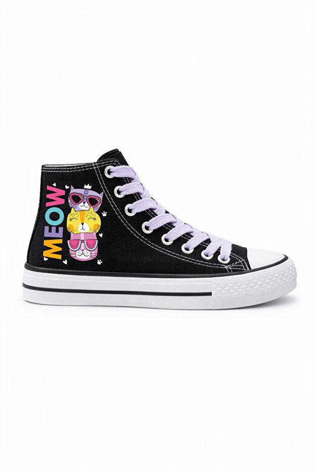 Meow Cat Printed Lilac Lace-Up Black Kids Sneakers