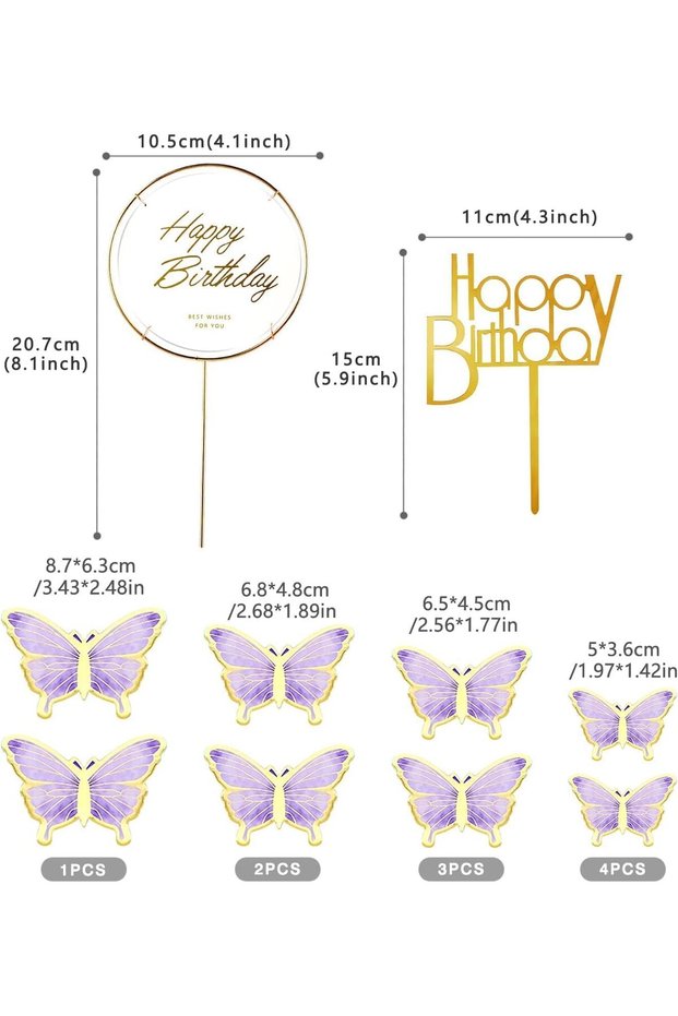 22Pcs Butterfly Cake Decorations, with Happy Birthday Acrylic Cake Toppers, Clean Paper, Durable, Acrylic And Metal Toppers,for Baby Shower Wedding & Birthday Party Decor, Purple