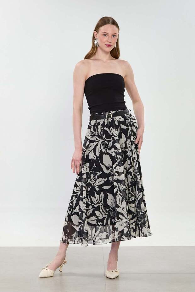 Women's Belted Floral Patterned Long Chiffon Skirt - Black