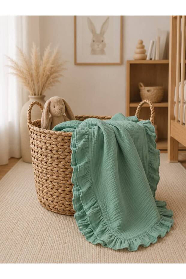 Nile Green Color 4 Layer Muslin Ruffle Baby Blanket (100X100)