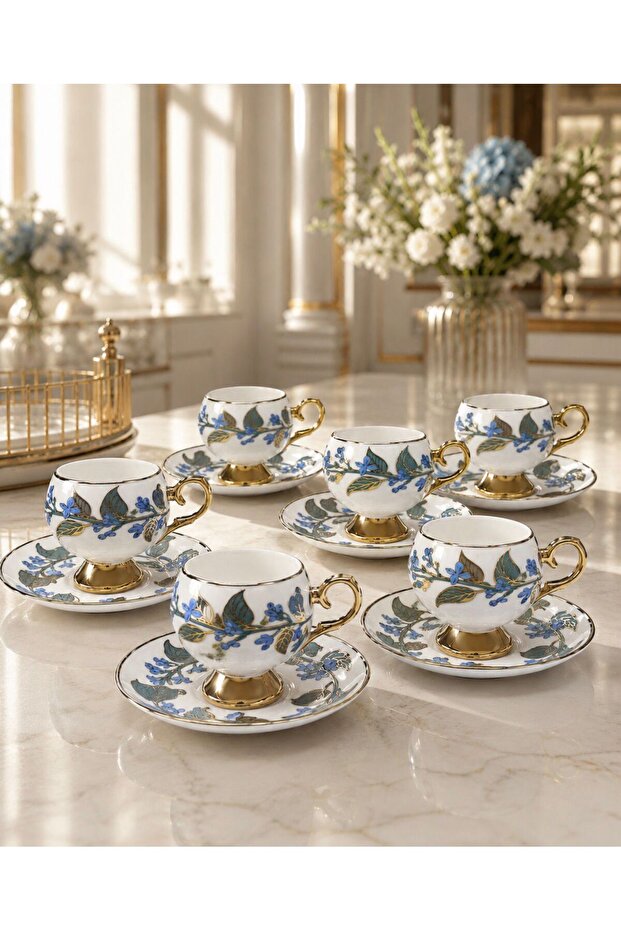 Acar Orvi̇lle Blue Flower Porcelain Coffee Cup for 6 People 90ml