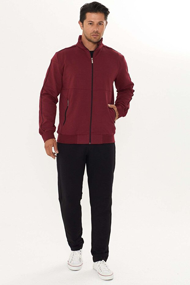 Men's Cotton Stripe Detailed Stand Collar Tracksuit Set Claret Red-9524