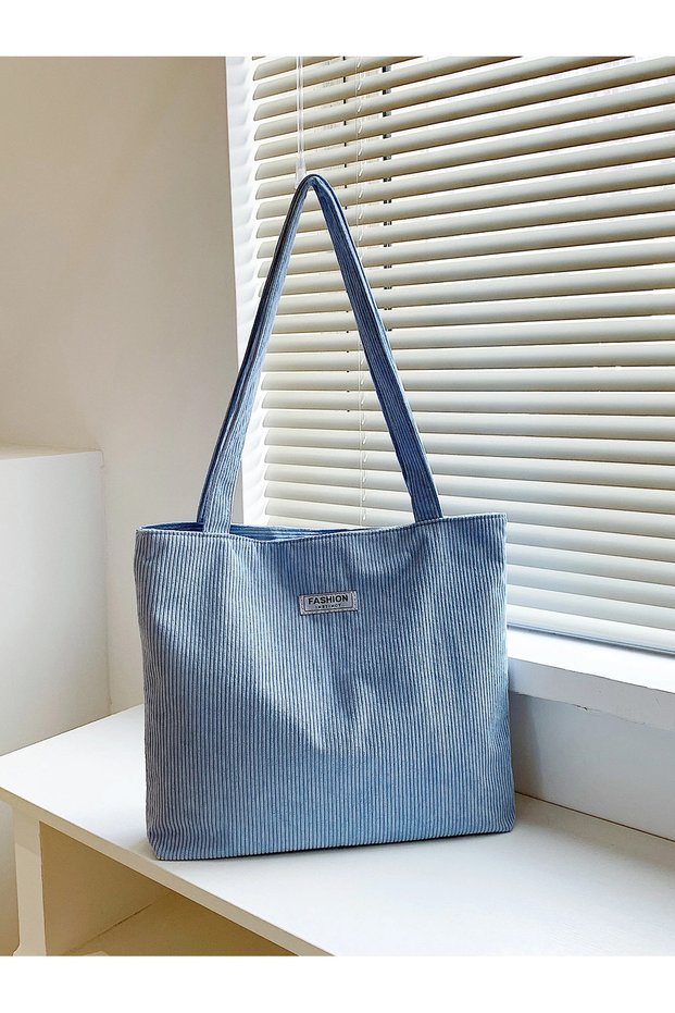 Blue Tote Bag, Women's Corduroy Bag, Casual Handbag, Large University Bags, Canvas Shoulder Bag, Light Blue Shoulder Bag, Women's Accessories, Ribbed Handbag, Canvas Shopping Bags, Daily Velvet Bag