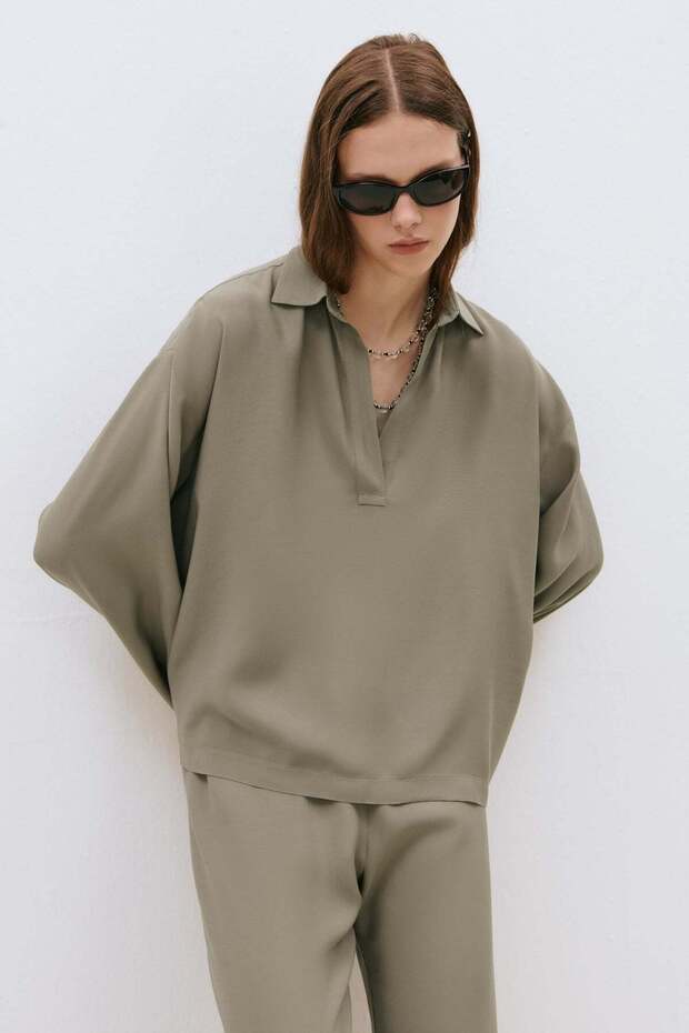 Khaki Alessa Polo Collar Tencel Blouse