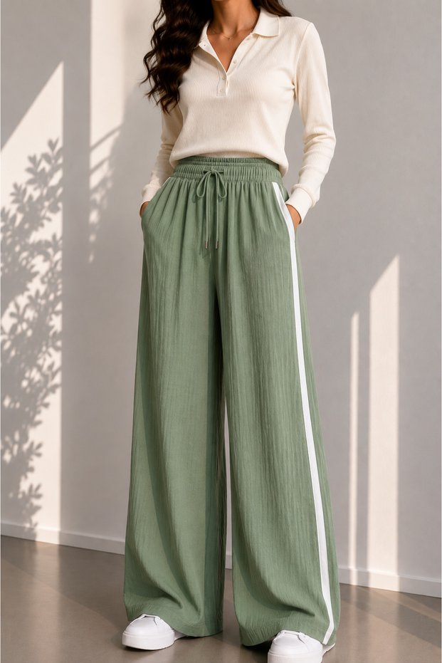 Women's Summer Crinkle Wide-Leg Loose-Fit Striped Trousers with Pockets