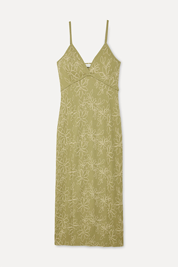 Women's Khaki Embroidered Fitted Midi Dress