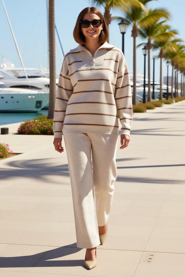 Women's Plus Size Striped Zippered Knitwear Sweater Trousers Set Oversize Comfortable Casual Modern Stylish