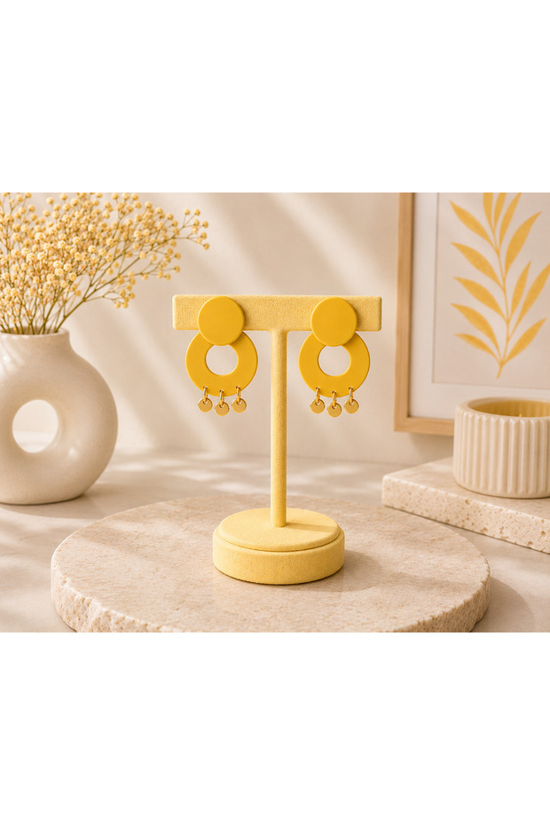 Women's Gold Sequin Detailed Dangle Yellow Earrings Gold Color Stylish and Elegant Design