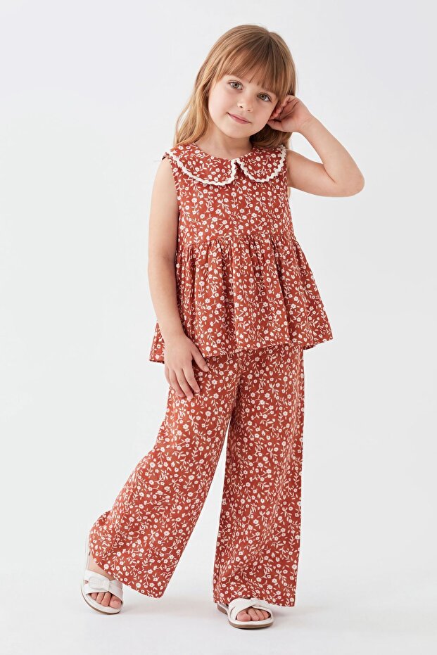 Minijon Patterned Viscon Water Stone Collar Girl's Suit 3-8 Years 26007