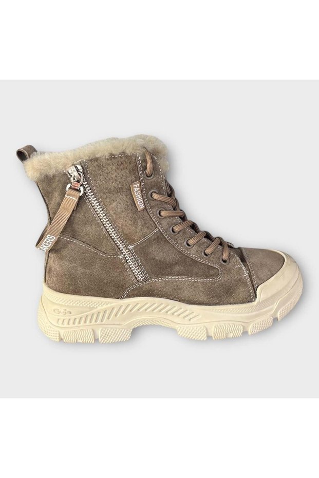 Women's Plush Double Zippered Lace-Up Thick Sole Sports Boots Suede Beige