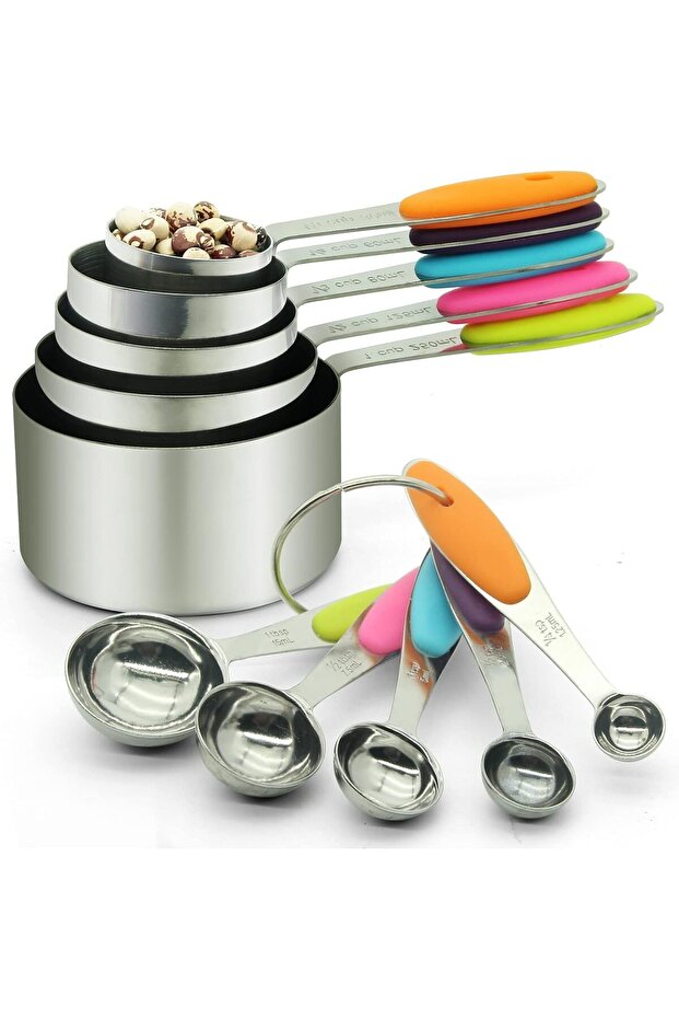 10Pcs Measuring Cups and Spoons Set with Detachable Ring - Stainless Steel, Stackable, 5 Cups and 5 Spoons with Silicone Handles for Measuring Dry and Liquid Ingredients for Cooking or Baking