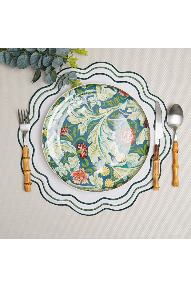 4-Piece White Green Mira Linen American Placemat Set | Stain Resistant | Modern Table Decor