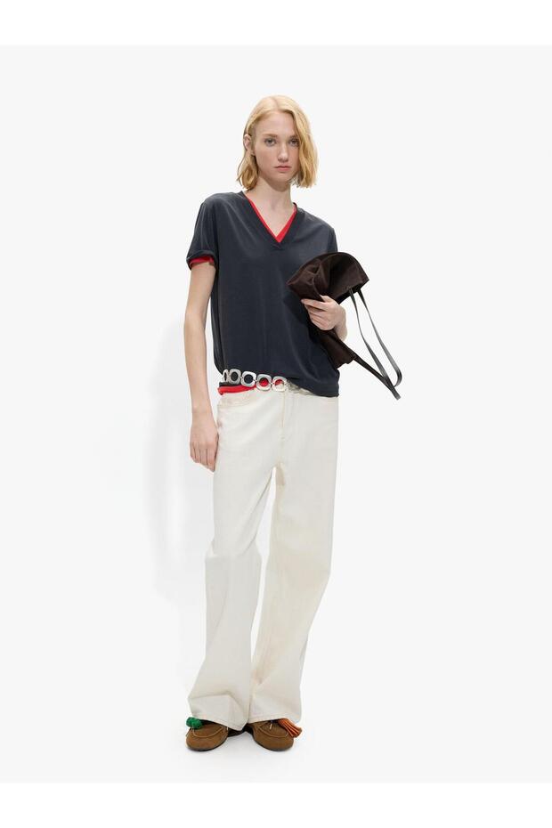 Kadın V Yakalı Basic T-Shirt - 2