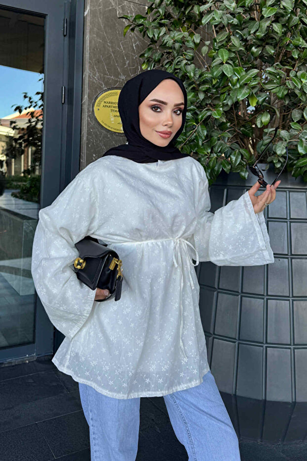 Ecru Wide Sleeve Embroidered Tunic