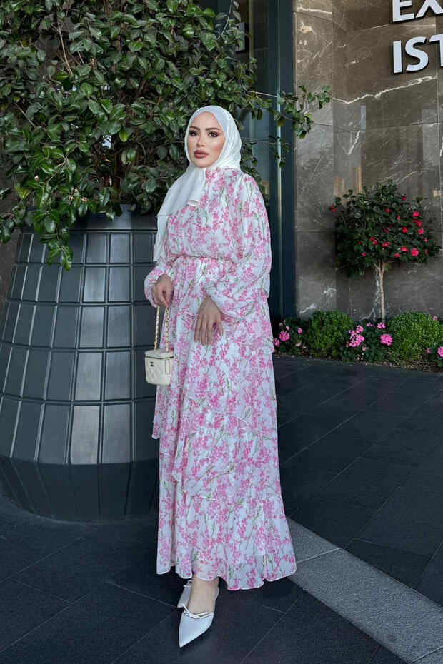 Pink Layered Chiffon Dress with Elastic Waist Skirt
