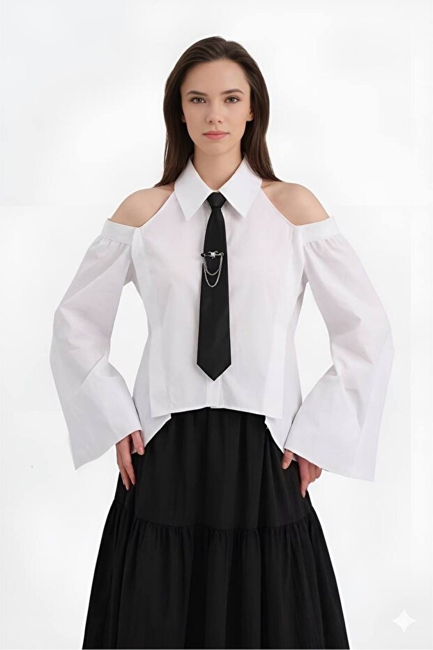 Women's Tie Detailed Off-Shoulder Long Sleeve Design Shirt
