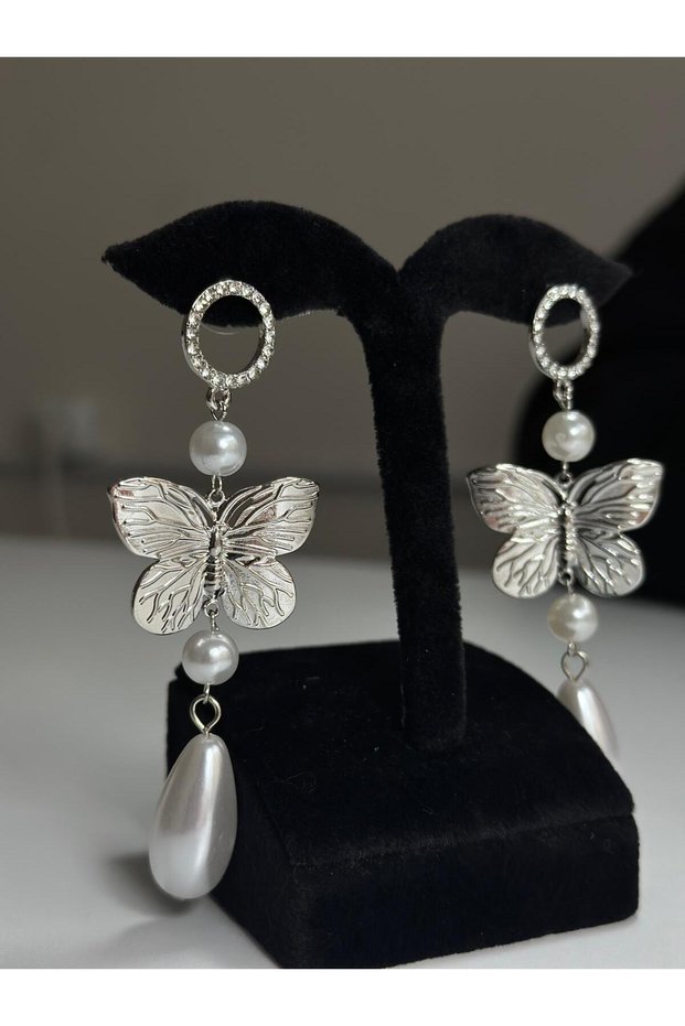 Silver Color Dangle Women's Earrings with Stone Ring, Butterfly and Pearl Detail