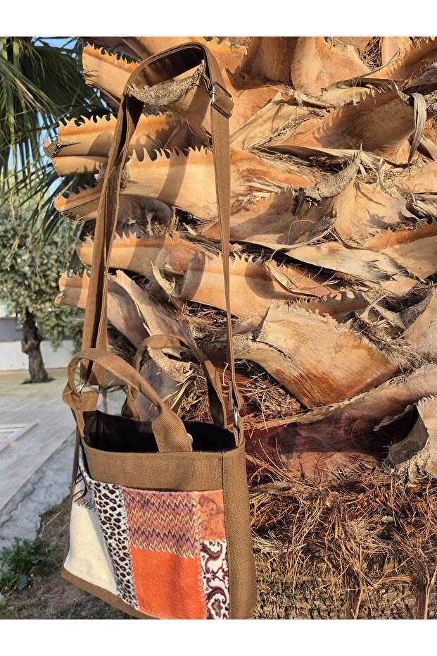 Patchwork Pocket Patterned Brown Cloth Messenger Bag - 5
