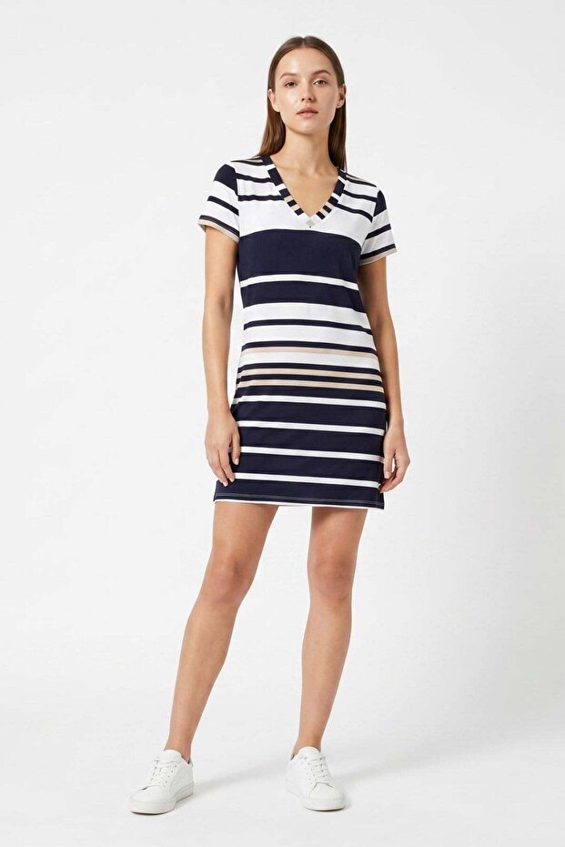 V-Neck Viscose Dress-Striped Navy Blue White