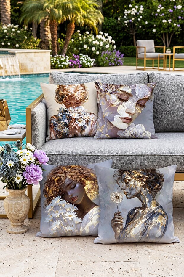 Gold Leaf Girl Patterned 4-Piece Throw Pillow Cover Set