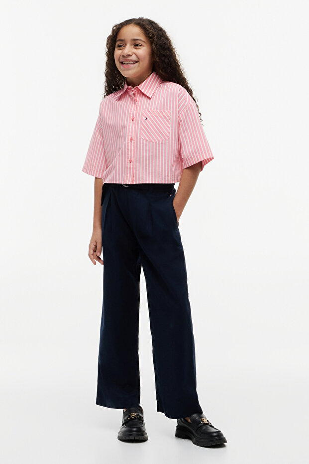 Girl's Pleated Belted Navy Blue Linen Trousers
