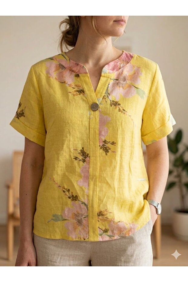 Women's Italian Yellow Button Detailed Patterned Short Sleeve 100% Cotton Blouse