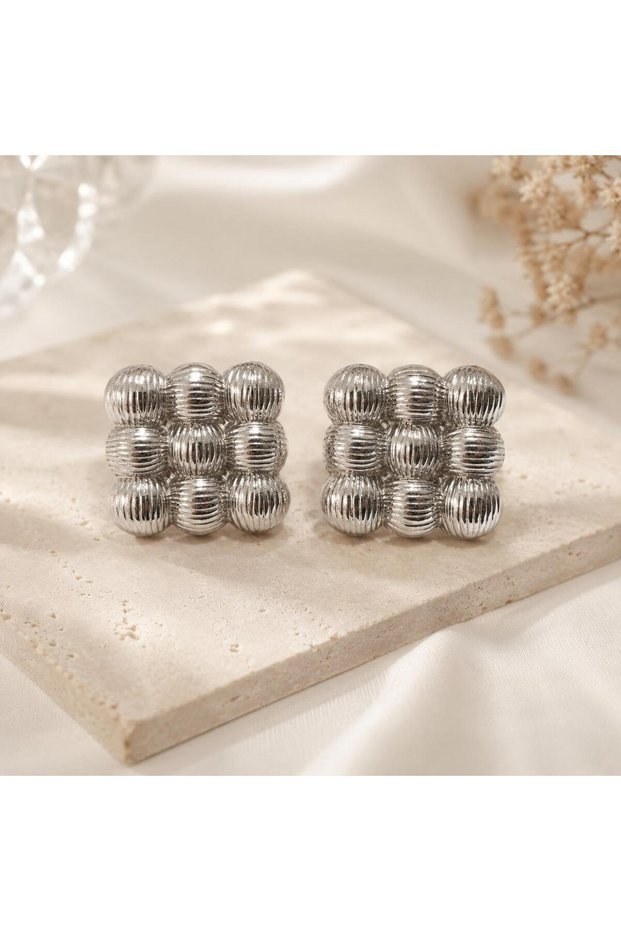 Silver Square Ball Detailed Embossed Earrings Vintage Textured Stylish Bijouterie Earrings