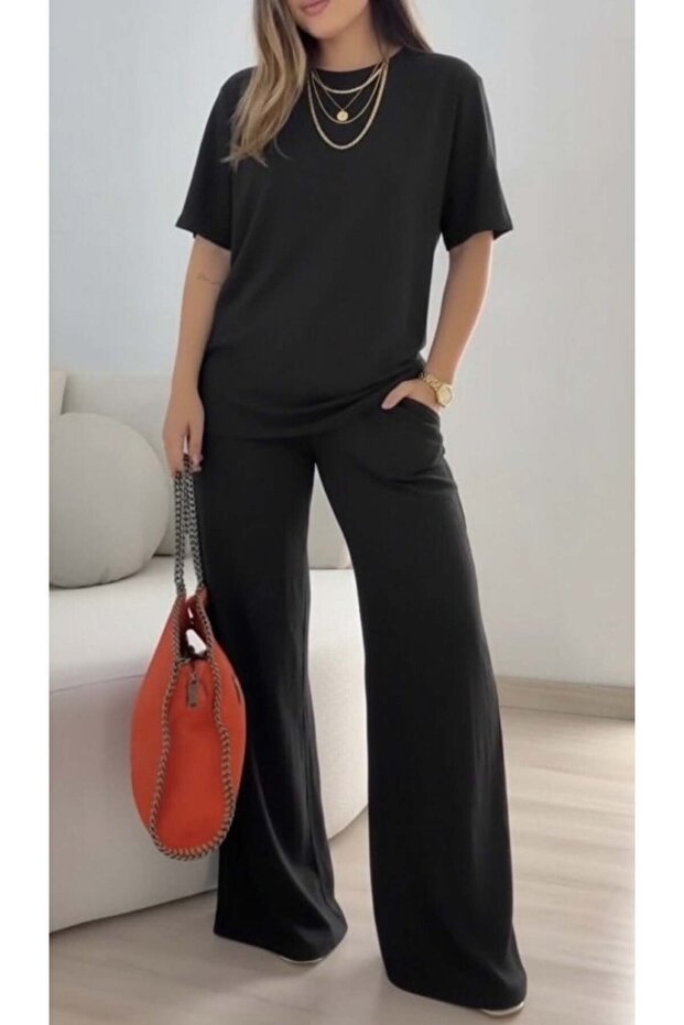 Women's Short Sleeve Crew Neck Viscose Two Thread Blouse and Pants Double Set