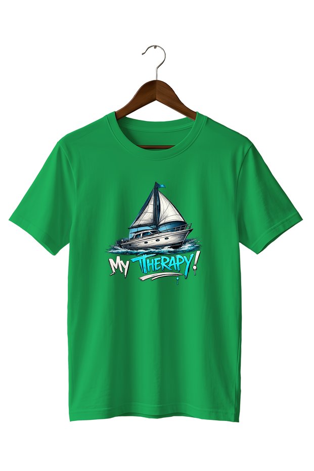 Sailboat and Sea My Therapy Street Style Printed T-Shirt 100% Cotton