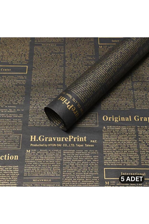 Newspaper Patterned Flower Wrapping Paper 5 Pieces, Double Printed Matte Opp Gift Bouquet Paper, Black, 57X57 cm