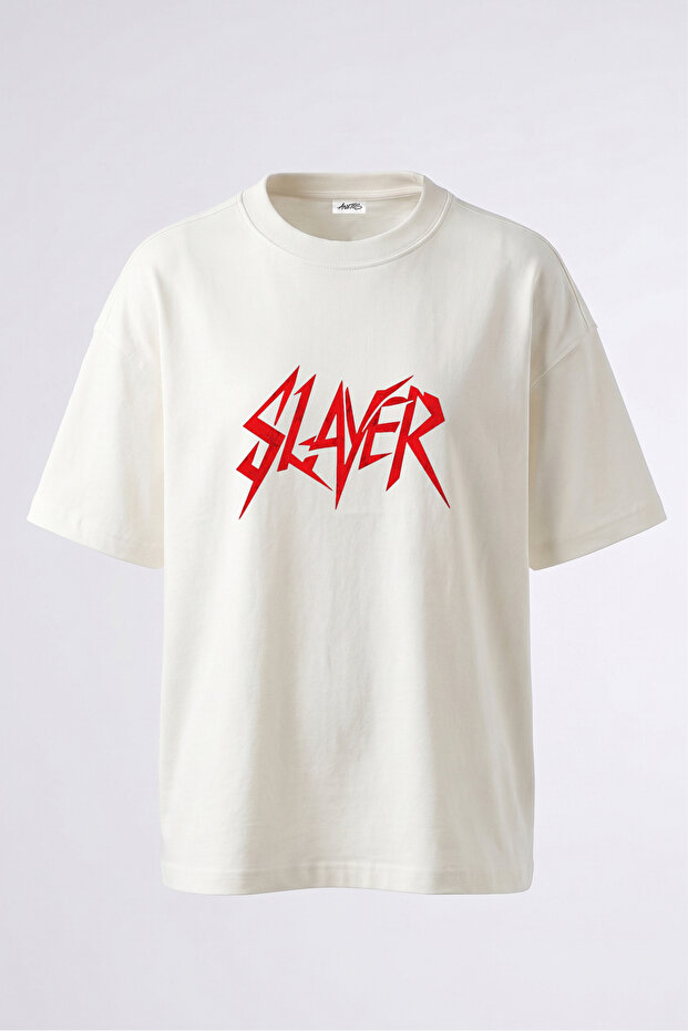 تي شيرت أبيض كبير الحجم من القطن مطبوع عليه تصميم Slayer
