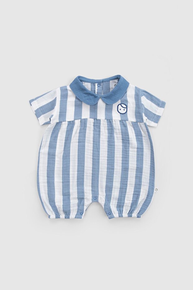 Organic Cotton Muslin Baby Collared Jumpsuit with Blue Stripes