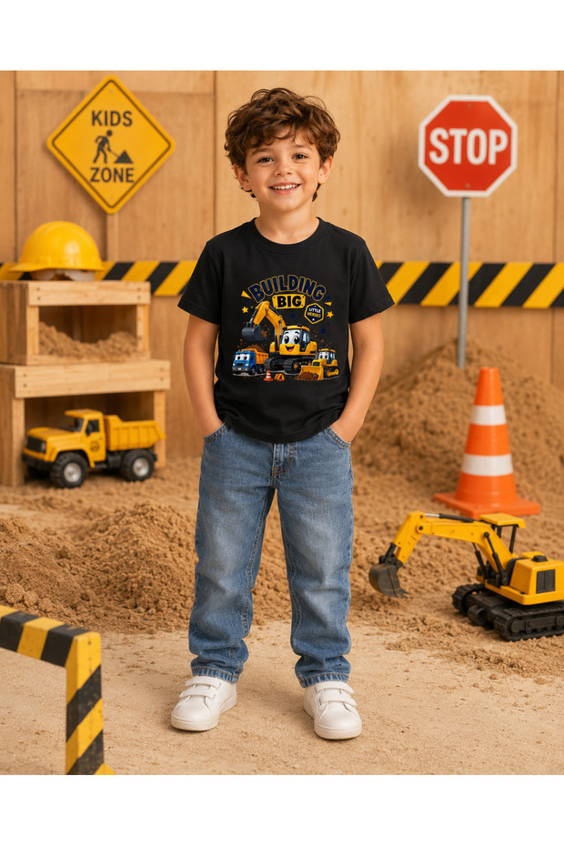 Children's Engineering Vehicle Printed Short Sleeve Crew Neck T-Shirt