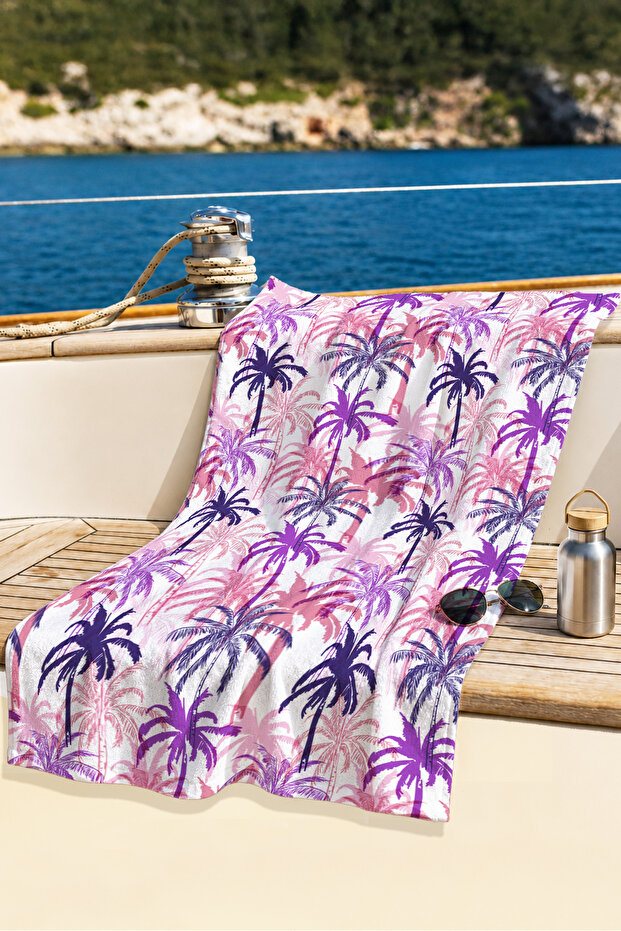 Palm Tropical Microfiber Beach Towel - Bohemian Summer Purple Pink Pool Sea Quick Dry Towel