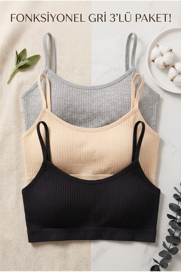 3-Piece Bralette Bustier Crop Tank Top with Removable Pads and Ribbed Rope Straps