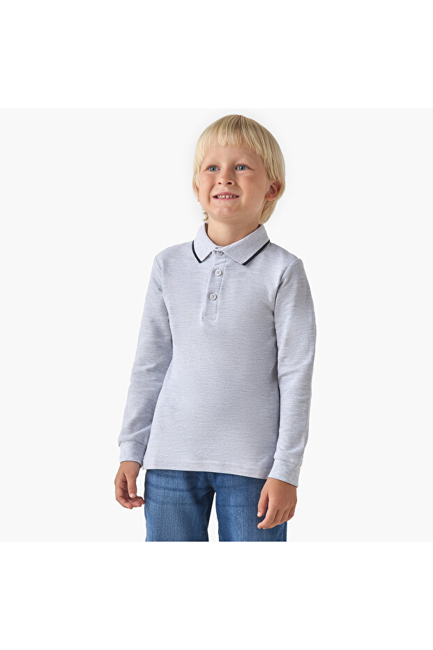 Collared Long Sleeves Polo T-shirt with Textured Design