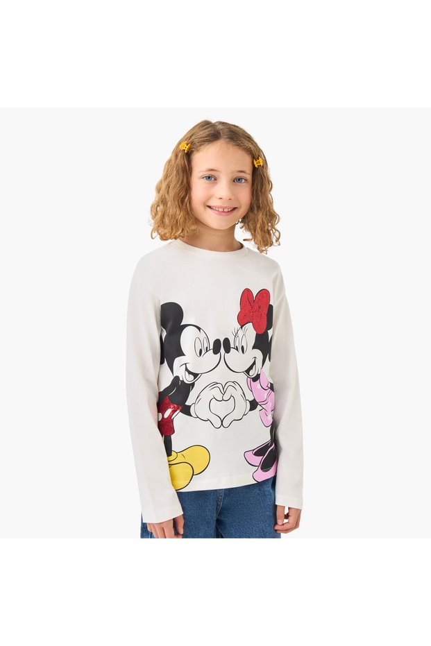Girls Crew Neck T-shirt with Mickey and Minnie Mouse Print - Cotton - Long Sleeves